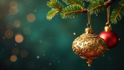 Fototapeta premium Gold ornaments hanging from a metal hook, Ornament, Decor, Christmas