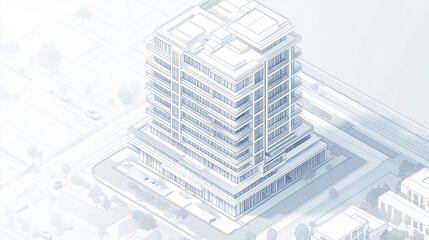 Fototapeta premium An architectural isometric view of a meticulously designed modern office tower, outlined in an elegant blueprint rendering