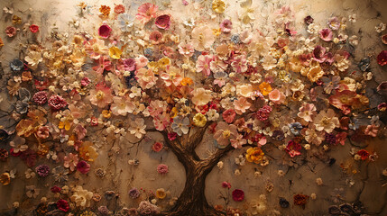 in the center of a peaceful garden, its bark etched with the names and stories of past generations 