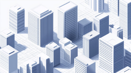 An elegant and precise isometric rendering of a modern urban city block, featuring a network of contemporary skyscrapers and high-rises in a sleek white-gray color palette