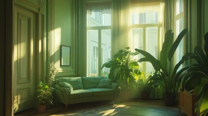 Fototapeta premium Light floods a green toned living room with plants