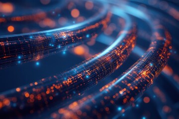 Abstract glowing fiber optic cables, swirling in blue and orange hues. Ideal for tech, data, and network concepts, represents high-speed connectivity.
