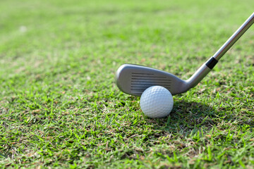Close-up of golf clubs and balls on a green lawn