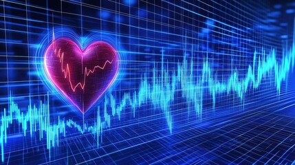 Health savings ensure insurance stability. Digital heart with a heartbeat line in vibrant blue tones and glowing effects.