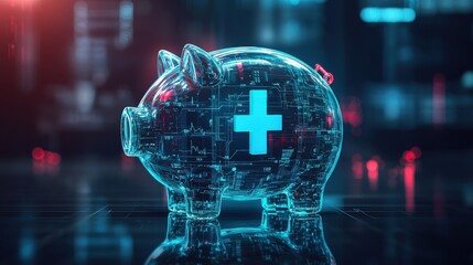 Health savings ensure insurance stability. Digital piggy bank with a health cross symbol representing financial wellness.