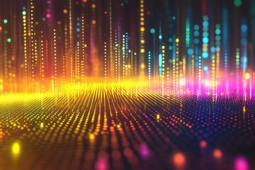 Abstract colorful light streaks and dots form a vibrant, glowing field. Perfect for tech, data, or futuristic designs needing a dynamic visual.