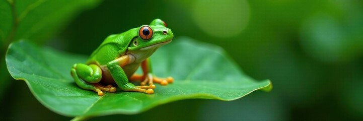 green frog sitting on a single green leaf pad , flat surface, green, leaf