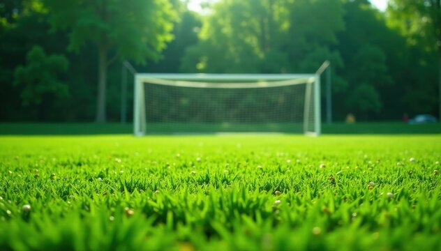 Green lush soccer field with goal conner in the center , outdoor, conner, stadium