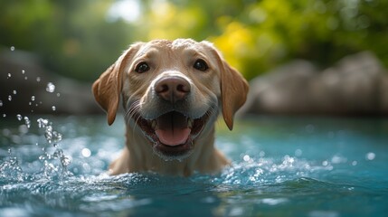 Joyful Golden Retriever Dog Swimming in Pool, Summer Fun