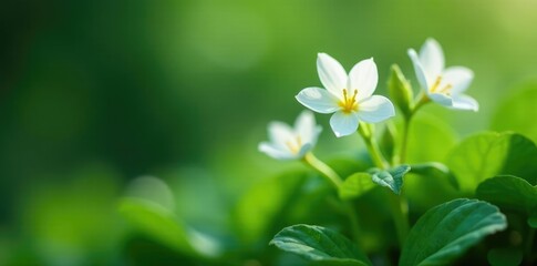 Delicate white flowers emerging from green leaves, white, blooms, blossoms