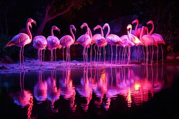 Pink flamingos standing in water at night with colorful reflections