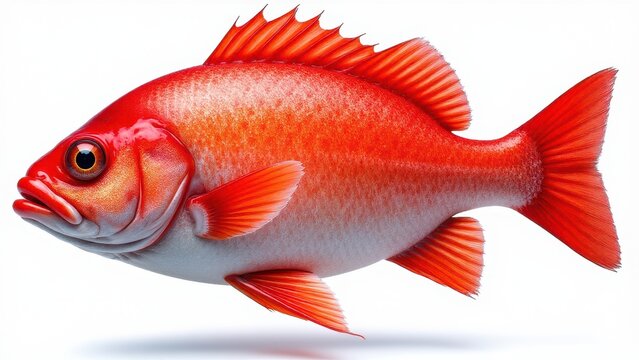 A vibrant pargo rojo fish with bright red fins and scales, displayed against a white background