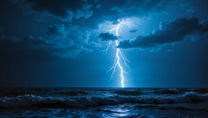 Dramatic lightning bolt striking dark ocean, nature's fury