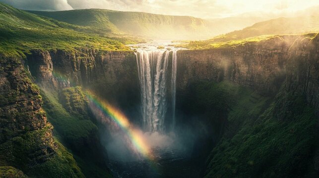 Majestic Waterfall Rainbow Landscape - Powered by Adobe