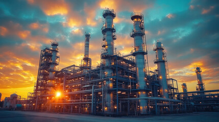 Fototapeta premium Chemical plant in India, massive distillation towers, complex networks of pipes, engineers in protective suits monitoring chemical reactions, industrial landscape