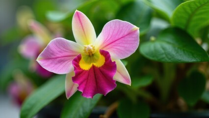 Naklejka premium A close-up of a vibrant orchid flower with pink and white petals, a yellow center, and lush green leaves in the background.