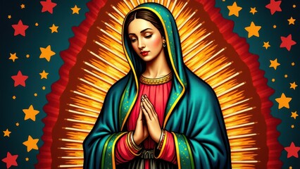 Picture of Our Lady of Guadalupe with a blurred face, surrounded by stars and rays of light.