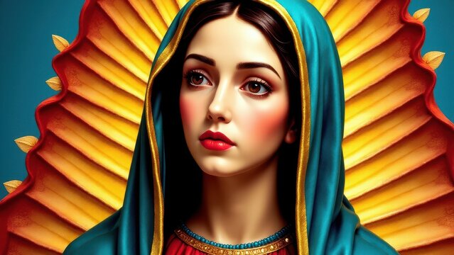 Picture of Our Lady of Guadalupe with a radiant background and a blue mantle.