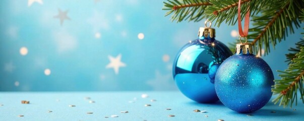 Hanging blue glass balls with festive ribbon and Christmas elements, Christmas, decor, ribbons