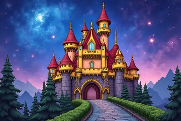 Fototapeta premium Magical Fantasy Castle Under a Starry Night