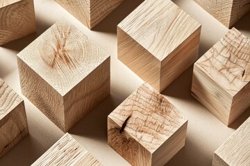 Flat lay of geometric wooden shapes on beige surface with subtle textures in realistic photography