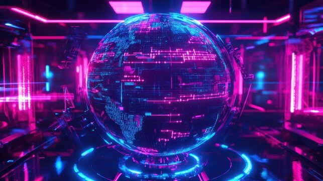 A cyber-tech globe with intricate neon data links, symbolizing global business, finance, and digital communication