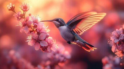 Hummingbird in Flight at Sunset, Feeding on Peach Blossoms