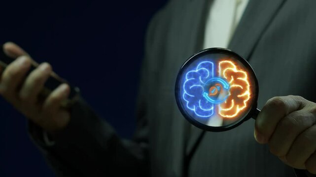 Businessman shows smart decision icon on magnifying glass. AI artificial intelligence machine learning concept, big data, innovation technology, cloud computing, futuristic, internet network.