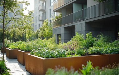 Fototapeta premium Green urban garden with raised vegetable beds full of fresh herbs and vegetables, blending nature with the city and promoting ecoconscious living in an urban environment