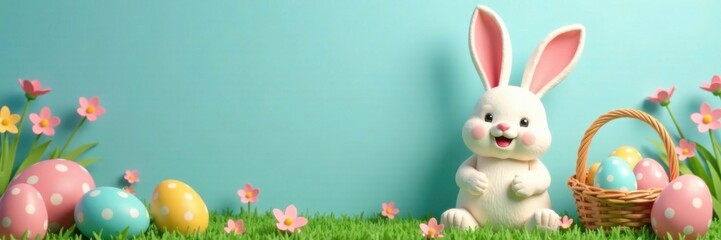 Happy Easter bunny with pastel-colored paper cut wings and a basket full of eggs , wings, colorful, basket