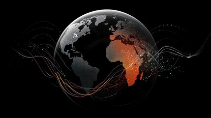 A dark-themed Earth with bright analytics lines, emphasizing global data transfer and statistics.