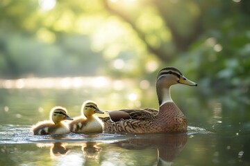 Fototapeta premium Mallard hen swimming with ducklings on a river at sunset