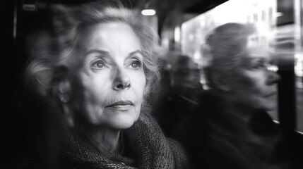Naklejka premium Pensive senior woman looking out the window of a moving bus
