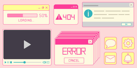 Window interface elements in retro pastel style - loading progress bar, 404 error message, info pop-up, video player, notification stack. Minimal web buttons with chat and setting, mail and bell icons