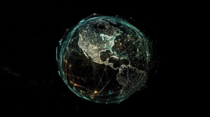 Obraz premium A digital rendering of Earth with bright web-like connections, illustrating worldwide digital networking and connectivity