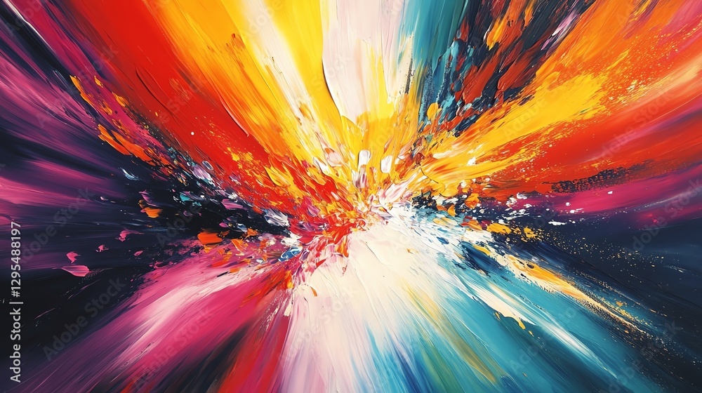 Poster artist s hand applying vibrant brush strokes on a colorful canvas, in the midst of creating abstract