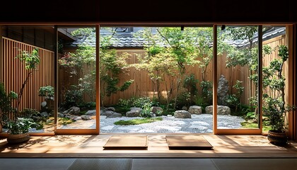 Japanese garden view, tranquil courtyard
