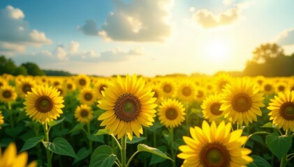 Obraz premium Sunlit field of sunflowers, vibrant yellow hues, field, petals, sunshine