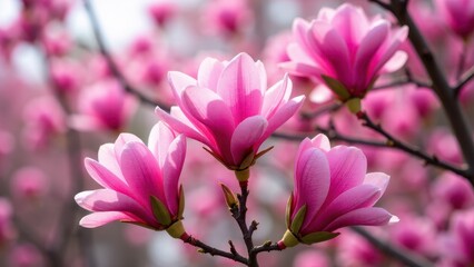 Pink flowering magnolia tree in full bloom with vibrant pink petals against a blurred background.