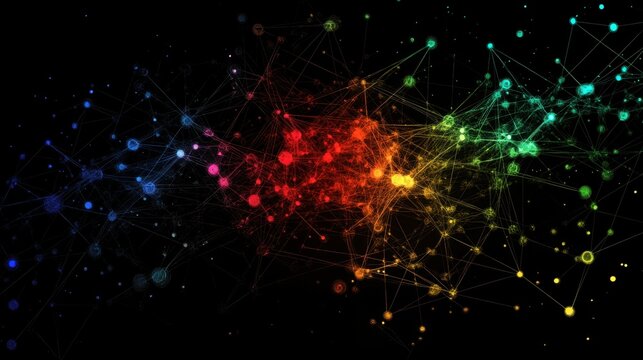A digital representation of a social network with vibrant links connecting multiple user nodes on a dark background