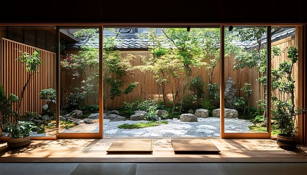Fototapeta Japanese garden view, tranquil courtyard