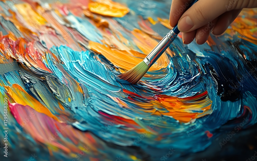 Poster artist s hand in motion, painting with a brush on a colorful canvas, creating a vibrant abstract art