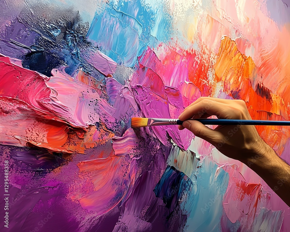 Poster Artists hand delicately painting with a brush on a colorful canvas, creating vibrant abstract art with bold, dynamic strokes in the process of artistic expression