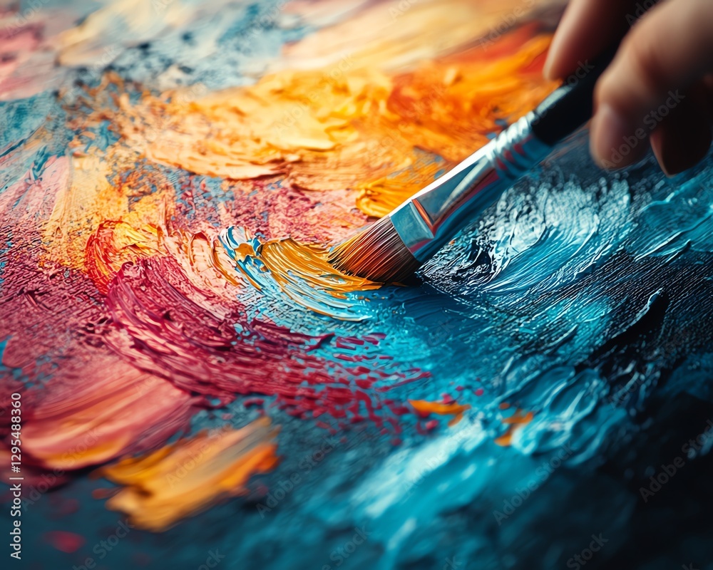 Poster Artists hand delicately painting with a brush on a colorful canvas, creating vibrant abstract art with bold, dynamic strokes in the process of artistic expression
