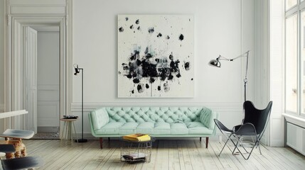 Elegant living room featuring a light turquoise sofa and art