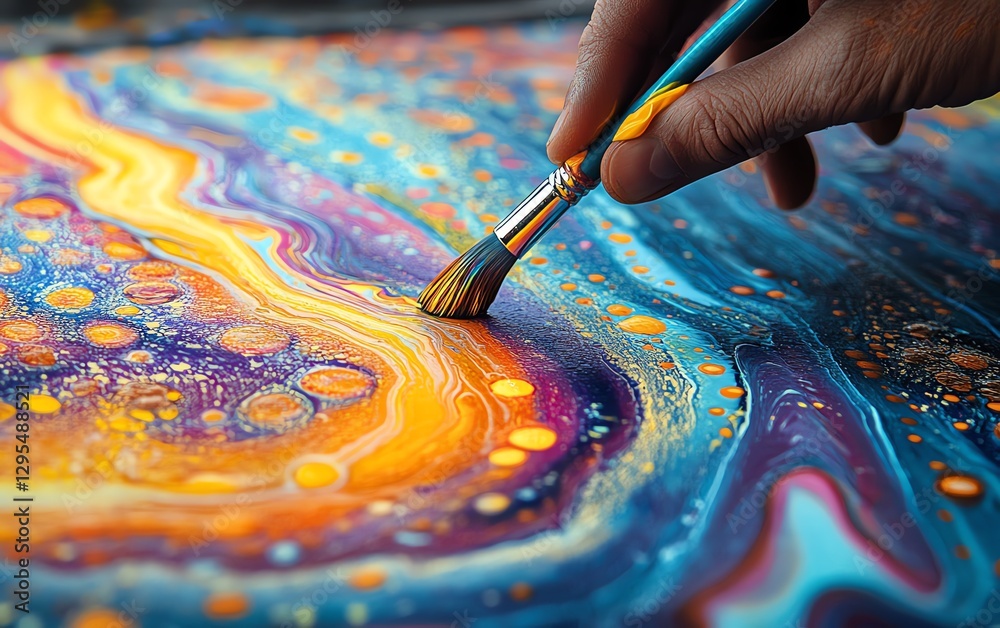 Poster closeup of a paintbrush in an artists hand, adding bold colors to a vibrant abstract painting, showc