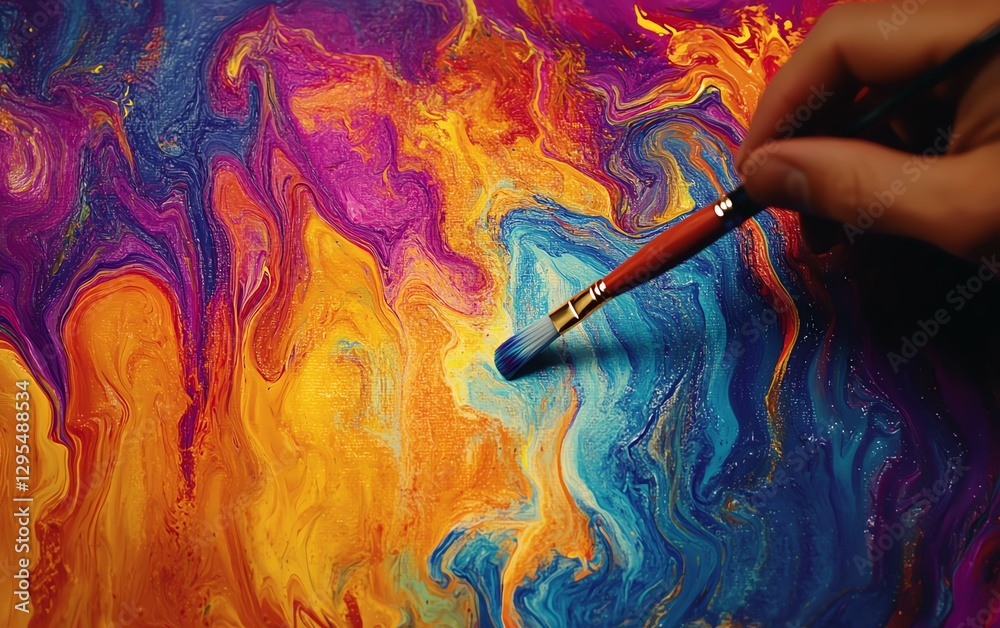 Poster Closeup of a paintbrush in an artists hand, adding bold colors to a vibrant abstract painting, showcasing the artistic process and fluid expression on canvas