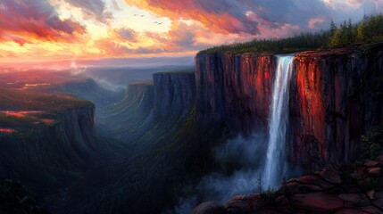 Fototapeta premium Vibrant Sunset Over a Majestic Waterfall and Canyon Landscape