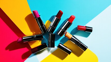 Assorted lipsticks displayed on vibrant colorful geometric background