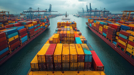 Export industry in India, cargo ships docked at a major port, containers stacked high, workers loading goods for international trade, global commerce in motion